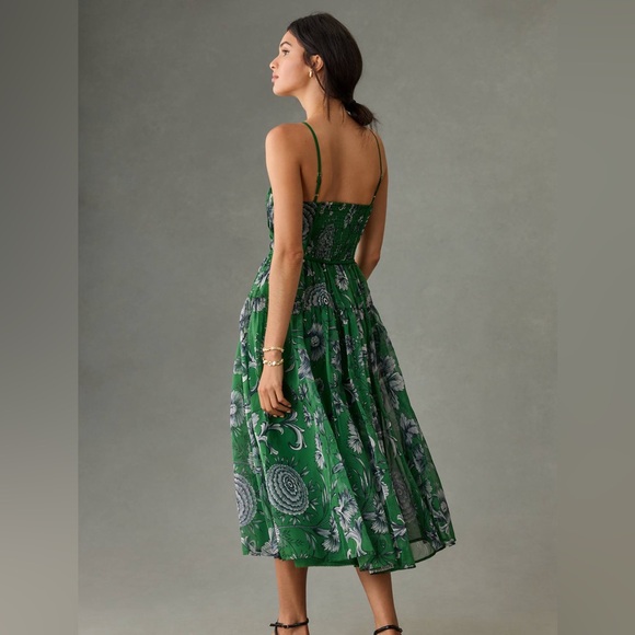 Large Anthropologie Penny Green Floral V-neck Midi Dress - Picture 2 of 10